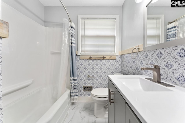 200 Shady Ln, Cayce, SC 29033 - bathroom featuring toilet, vanity, shower / bathtub combination with curtain, and marble finish flooring