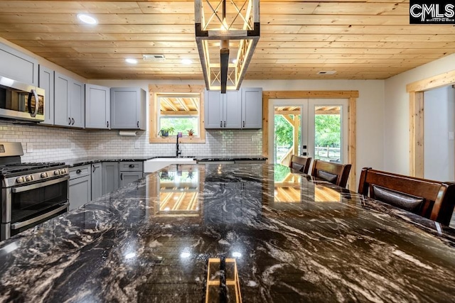 735 Fletcher Dr, Kershaw, SC 29067 - kitchen featuring stainless steel appliances, wooden ceiling, gray cabinets, a sink, and healthy amount of natural light