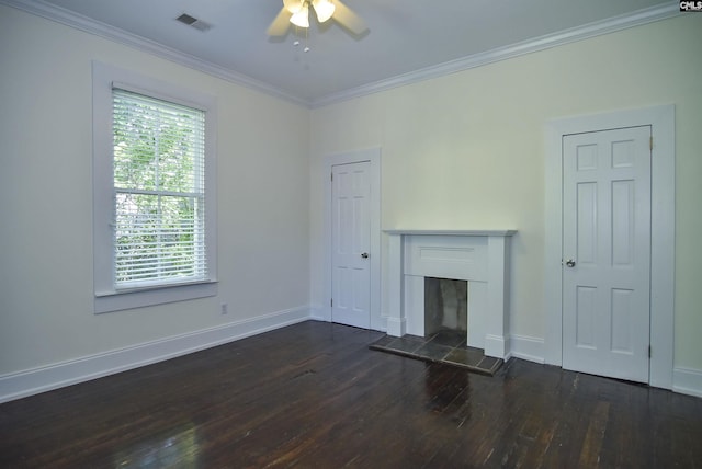 2336 Park St, Columbia, SC 29201 - unfurnished living room with wood-type flooring, a ceiling fan, baseboards, crown molding, and a tiled fireplace