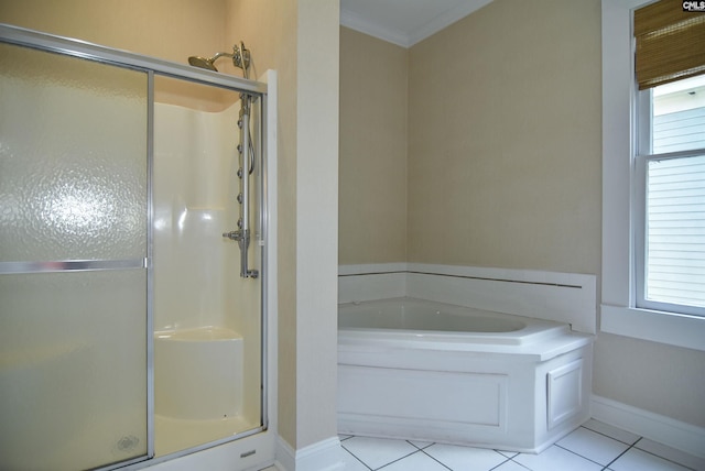 2336 Park St, Columbia, SC 29201 - full bath featuring a stall shower, a bath, baseboards, tile patterned floors, and ornamental molding