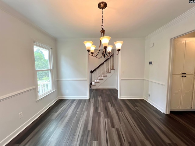 117 Fire Thorn Ln, Columbia, SC 29223 - unfurnished dining area featuring a chandelier, dark wood-style floors, stairway, baseboards, and crown molding