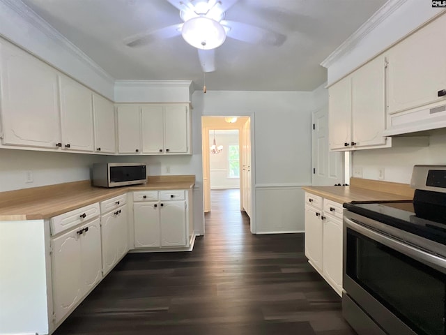 117 Fire Thorn Ln, Columbia, SC 29223 - kitchen with stainless steel appliances, under cabinet range hood, dark wood finished floors, ceiling fan, and white cabinets