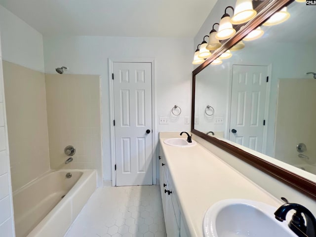 117 Fire Thorn Ln, Columbia, SC 29223 - full bath with  shower combination, tile patterned floors, double vanity, and a chandelier