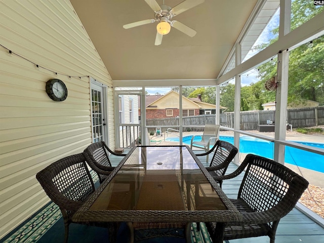 117 Fire Thorn Ln, Columbia, SC 29223 - sunroom with ceiling fan, vaulted ceiling, plenty of natural light, and outdoor dining area