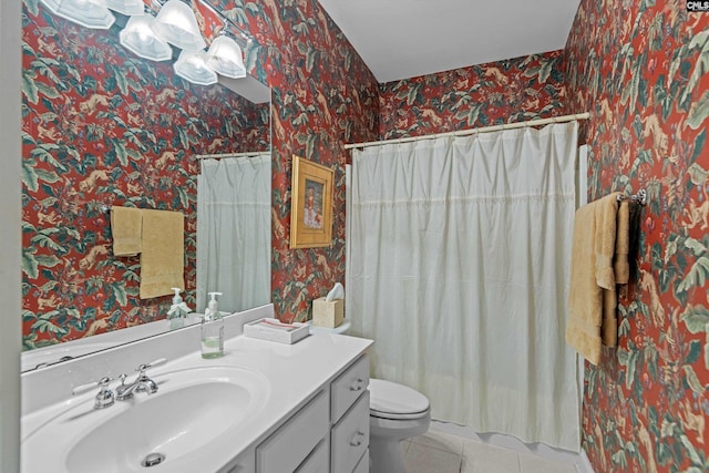 132 Magnolia Key Dr, Chapin, SC 29036 - full bathroom with wallpapered walls, tile patterned floors, vanity, toilet, and a shower with shower curtain
