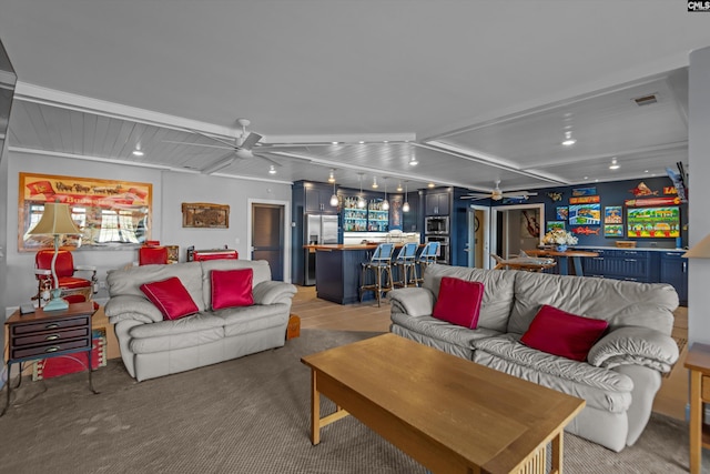 132 Magnolia Key Dr, Chapin, SC 29036 - living room with a ceiling fan, light carpet, recessed lighting, and bar area