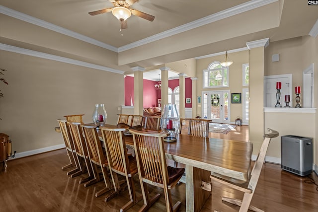 132 Magnolia Key Dr, Chapin, SC 29036 - dining room with decorative columns, a ceiling fan, wood finished floors, ornamental molding, and baseboards