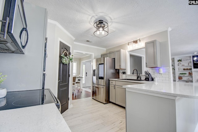 113 Dutch Oaks Dr, Irmo, SC 29063 - kitchen with a sink, gray cabinetry, stainless steel refrigerator with ice dispenser, ornamental molding, and electric range oven