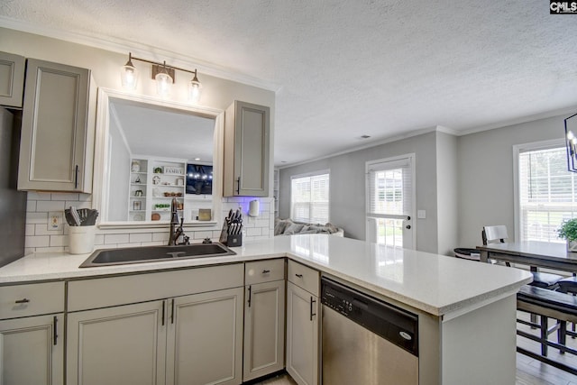 113 Dutch Oaks Dr, Irmo, SC 29063 - kitchen with stainless steel dishwasher, a sink, a peninsula, decorative backsplash, and gray cabinetry