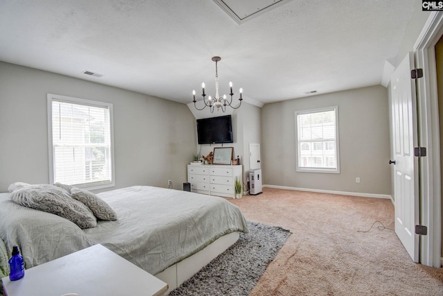 113 Dutch Oaks Dr, Irmo, SC 29063 - carpeted bedroom featuring baseboards, a chandelier, and attic access