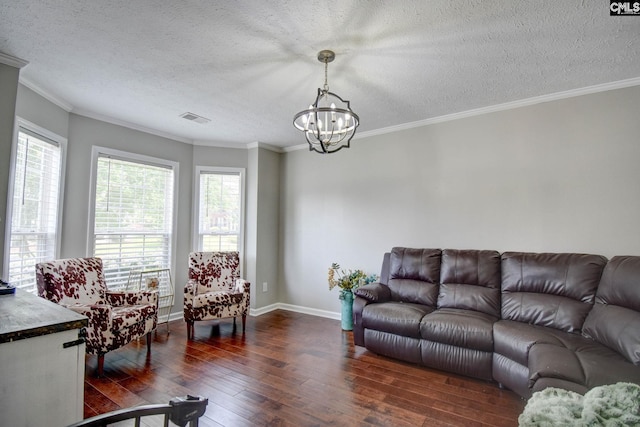 113 Dutch Oaks Dr, Irmo, SC 29063 - living area featuring dark wood-style floors, a chandelier, plenty of natural light, a textured ceiling, and baseboards