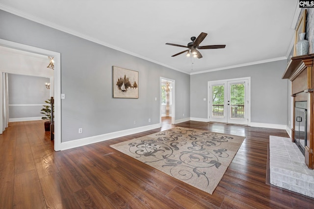 101 Stephenson Ln, Columbia, SC 29212 - living area with dark wood-style flooring, french doors, ceiling fan, ornamental molding, and a chandelier