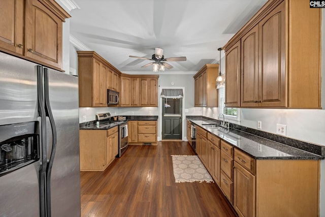 101 Stephenson Ln, Columbia, SC 29212 - kitchen with stainless steel appliances, a sink, dark wood-style flooring, dark stone counters, and ceiling fan