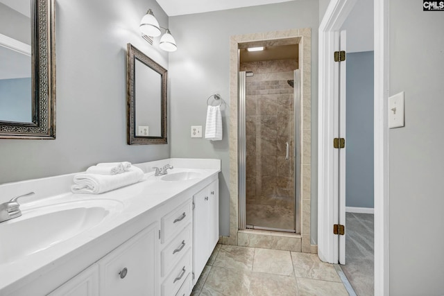 101 Stephenson Ln, Columbia, SC 29212 - bathroom featuring a stall shower, double vanity, and baseboards
