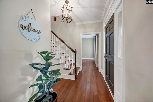 101 Stephenson Ln, Columbia, SC 29212 - foyer entrance featuring a chandelier, stairs, wood finished floors, ornamental molding, and baseboards