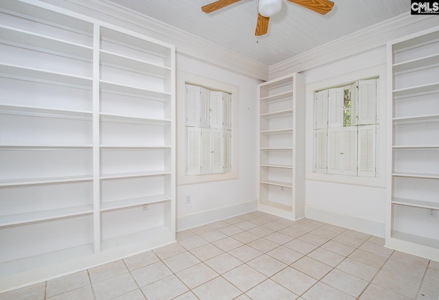 111 Southwood Dr, Columbia, SC 29205 - unfurnished room featuring light tile patterned floors, a ceiling fan, baseboards, ornamental molding, and built in shelves