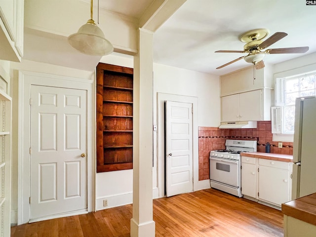 111 Southwood Dr, Columbia, SC 29205 - kitchen featuring white appliances, ceiling fan, white cabinetry, and light wood-style flooring