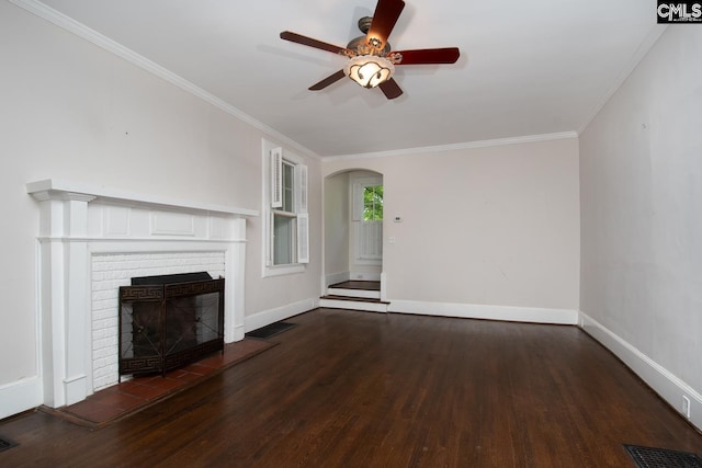 111 Southwood Dr, Columbia, SC 29205 - unfurnished living room with wood finished floors, a ceiling fan, a brick fireplace, ornamental molding, and baseboards