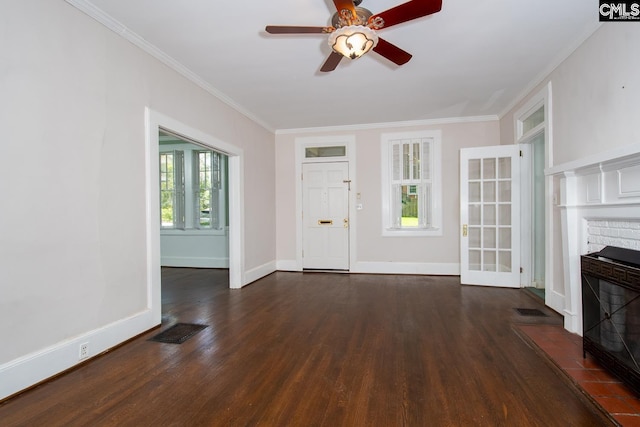 111 Southwood Dr, Columbia, SC 29205 - unfurnished living room with a fireplace with flush hearth, wood finished floors, a ceiling fan, crown molding, and baseboards