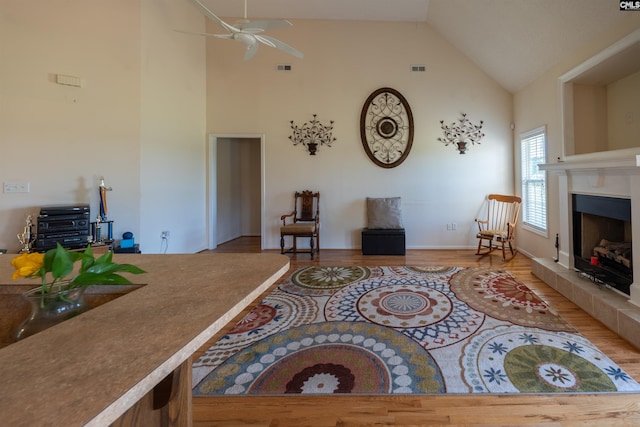 6126 Slab Landing Dr, Cope, SC 29038 - living room with high vaulted ceiling, wood finished floors, ceiling fan, and a tiled fireplace