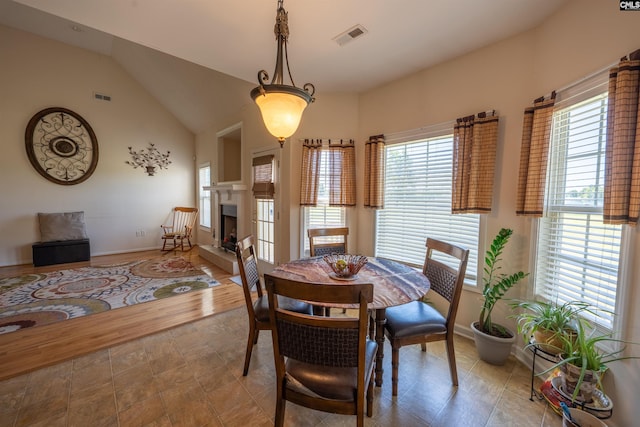6126 Slab Landing Dr, Cope, SC 29038 - dining space featuring baseboards, a fireplace with raised hearth, and vaulted ceiling
