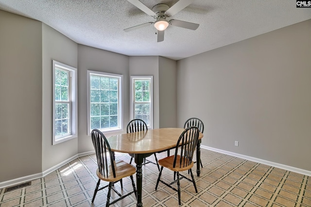 198 Beaver Creek Cir, Lugoff, SC 29078 - dining room featuring ceiling fan, baseboards, and a textured ceiling