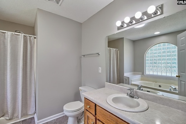 198 Beaver Creek Cir, Lugoff, SC 29078 - full bathroom with a textured ceiling, toilet, vanity, a tub, and a shower with shower curtain