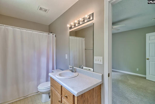 198 Beaver Creek Cir, Lugoff, SC 29078 - full bathroom featuring vanity, a textured ceiling, toilet, a shower with shower curtain, and ceiling fan