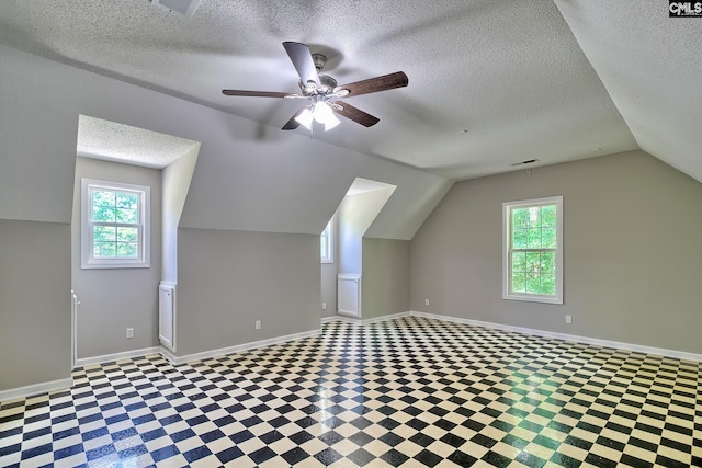 198 Beaver Creek Cir, Lugoff, SC 29078 - additional living space featuring plenty of natural light, baseboards, vaulted ceiling, a textured ceiling, and ceiling fan