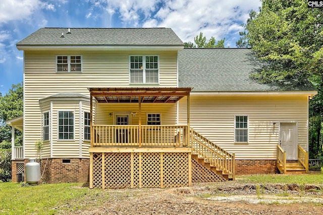 198 Beaver Creek Cir, Lugoff, SC 29078 - rear view of property with entry steps, roof with shingles, crawl space, stairs, and a wooden deck