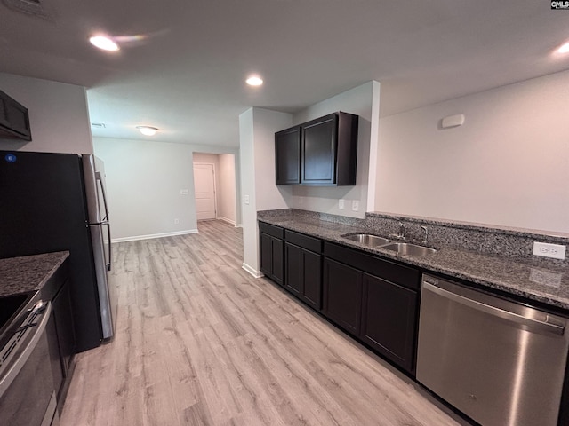 184 Windfall Rd, Blythewood, SC 29016 - kitchen with stainless steel appliances, a sink, light wood-type flooring, dark stone counters, and recessed lighting