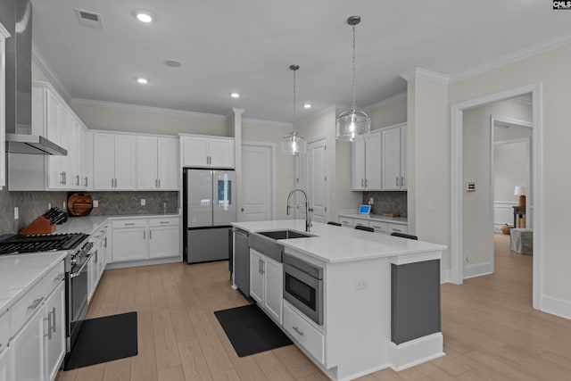 204 Peninsula Way, Columbia, SC 29229 - kitchen featuring wall chimney exhaust hood, appliances with stainless steel finishes, a sink, tasteful backsplash, and light wood-type flooring