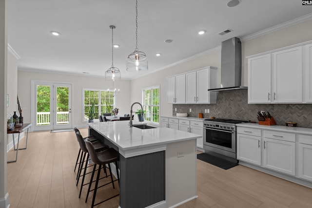 204 Peninsula Way, Columbia, SC 29229 - kitchen with high end stove, a sink, wall chimney exhaust hood, ornamental molding, and decorative backsplash