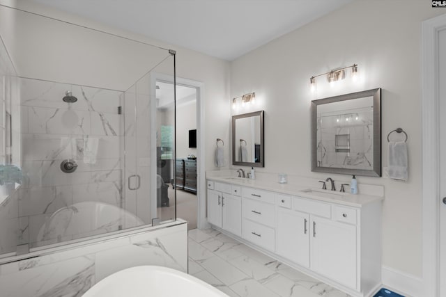 204 Peninsula Way, Columbia, SC 29229 - bathroom featuring marble finish flooring, a freestanding bath, a marble finish shower, and double vanity