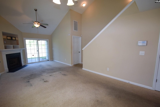 267 Courtside Dr, Lexington, SC 29073 - unfurnished living room featuring baseboards, carpet, a fireplace with flush hearth, ceiling fan, and high vaulted ceiling
