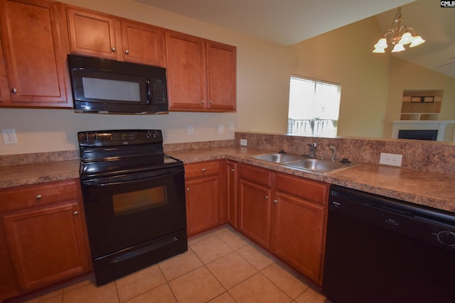 267 Courtside Dr, Lexington, SC 29073 - kitchen with black appliances, a sink, a chandelier, light tile patterned floors, and brown cabinets