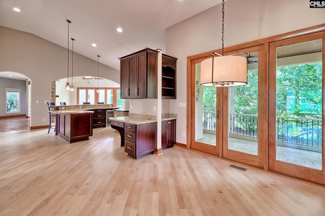 940 Willow Cove Rd, Chapin, SC 29036 - kitchen featuring arched walkways, dark brown cabinetry, light wood-style floors, decorative light fixtures, and high vaulted ceiling