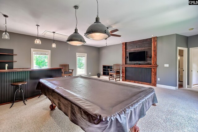 940 Willow Cove Rd, Chapin, SC 29036 - recreation room featuring billiards, a dry bar, carpet flooring, and a ceiling fan