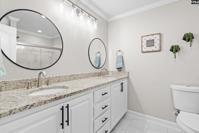 525 Willow Bend Ct, Columbia, SC 29212 - bathroom with toilet, ornamental molding, double vanity, baseboards, and tiled shower
