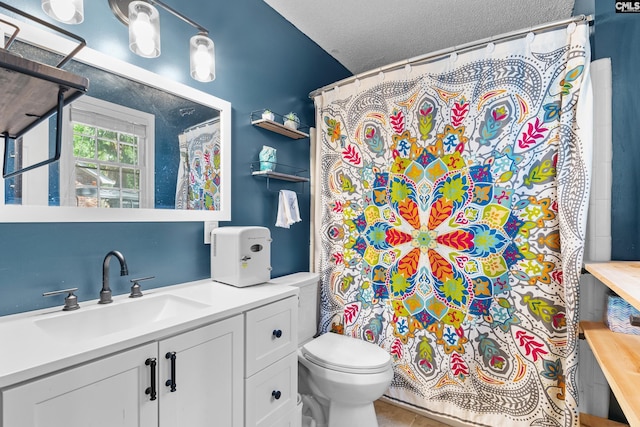 336 S Royal Tower Dr, Irmo, SC 29063 - bathroom with vanity, toilet, a shower with curtain, a textured ceiling, and tile patterned floors