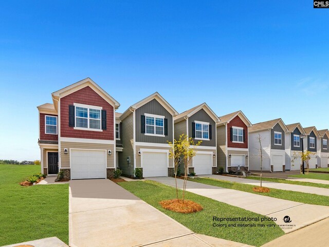 219 Bones Rd, Gilbert, SC 29054 - townhome / multi-family property featuring an attached garage, driveway, a front yard, and a residential view