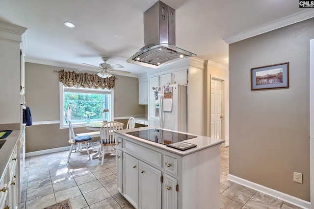 148 Lake Murray Ter, Lexington, SC 29072 - kitchen featuring island exhaust hood, white refrigerator with ice dispenser, black electric cooktop, crown molding, and a ceiling fan