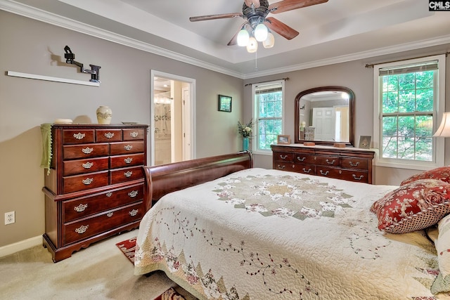148 Lake Murray Ter, Lexington, SC 29072 - bedroom with light colored carpet, a raised ceiling, crown molding, baseboards, and a ceiling fan