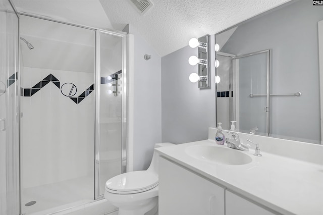 520 Sail Point Way, Columbia, SC 29212 - full bath with a textured ceiling, a stall shower, toilet, vanity, and vaulted ceiling