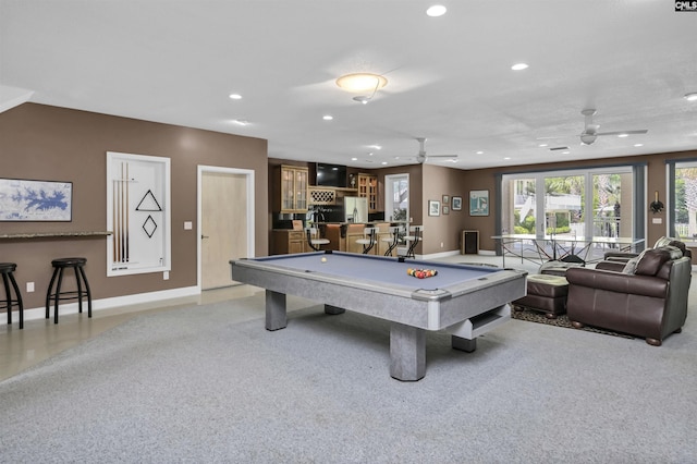 520 Sail Point Way, Columbia, SC 29212 - rec room featuring a ceiling fan, baseboards, pool table, recessed lighting, and light carpet