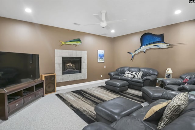520 Sail Point Way, Columbia, SC 29212 - carpeted living area with ceiling fan, recessed lighting, a fireplace, and baseboards