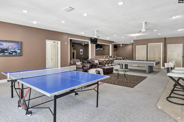 520 Sail Point Way, Columbia, SC 29212 - recreation room featuring carpet flooring, ceiling fan, a textured ceiling, baseboards, and billiards table