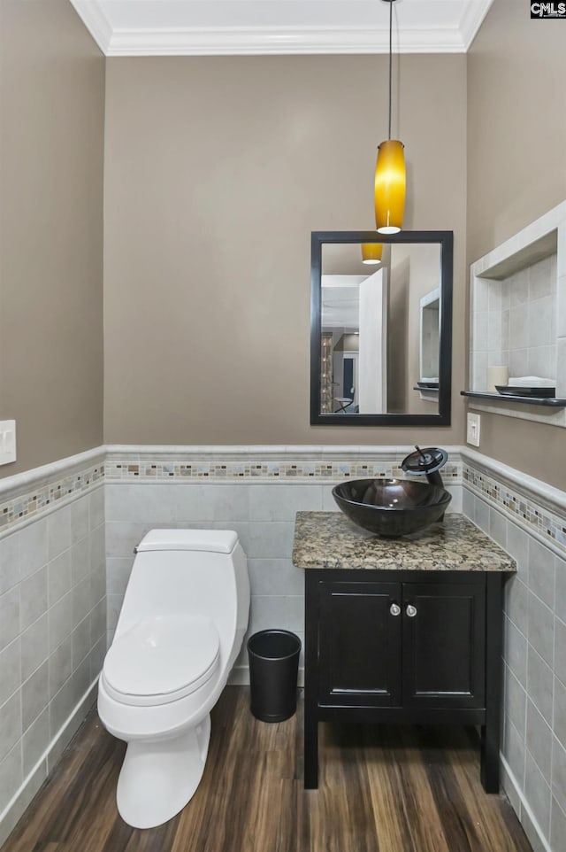 520 Sail Point Way, Columbia, SC 29212 - bathroom featuring tile walls, wood finished floors, ornamental molding, toilet, and vanity