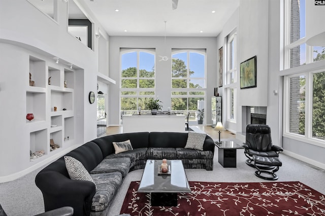 520 Sail Point Way, Columbia, SC 29212 - carpeted living room featuring a high ceiling, healthy amount of natural light, baseboards, built in features, and a fireplace