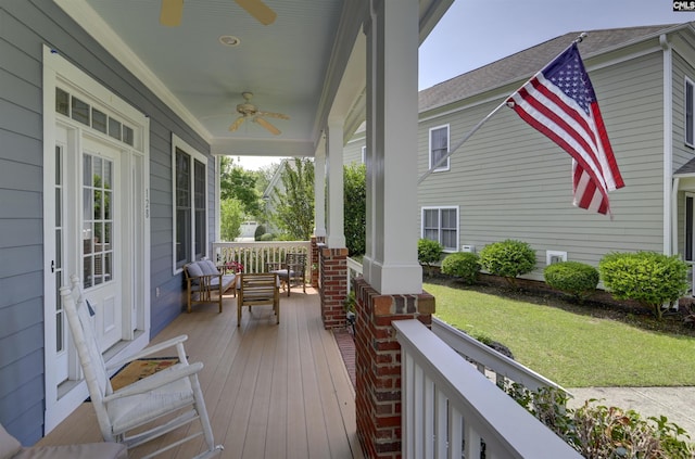 128 Van Der Horst Dr, Columbia, SC 29229 - wooden porch featuring a ceiling fan and a lawn